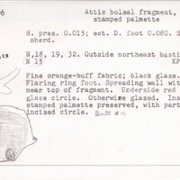 Index card with typed and handwritten information, sometimes including a sketch, of pottery from an excavation.