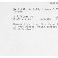 Index card with typed and handwritten information, sometimes including a sketch, of pottery from an excavation.