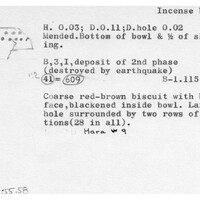 Index card with typed and handwritten information, sometimes including a sketch, of pottery from an excavation.