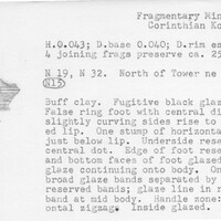 Index card with typed and handwritten information, sometimes including a sketch, of pottery from an excavation.