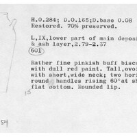 Index card with typed and handwritten information, sometimes including a sketch, of pottery from an excavation.