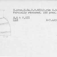 Index card with typed and handwritten information, sometimes including a sketch, of pottery from an excavation.