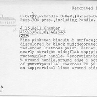 Index card with typed and handwritten information, sometimes including a sketch, of pottery from an excavation.