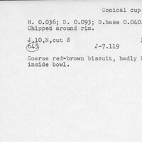 Index card with typed and handwritten information, sometimes including a sketch, of pottery from an excavation.