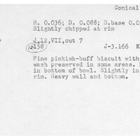 Index card with typed and handwritten information, sometimes including a sketch, of pottery from an excavation.
