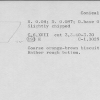 Index card with typed and handwritten information, sometimes including a sketch, of pottery from an excavation.