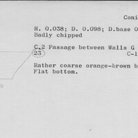 Index card with typed and handwritten information, sometimes including a sketch, of pottery from an excavation.