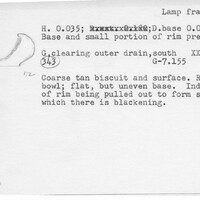 Index card with typed and handwritten information, sometimes including a sketch, of pottery from an excavation.