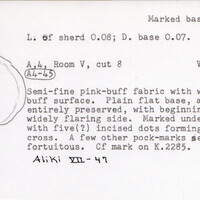 Index card with typed and handwritten information, sometimes including a sketch, of pottery from an excavation.