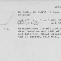Index card with typed and handwritten information, sometimes including a sketch, of pottery from an excavation.