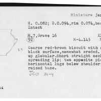 Index card with typed and handwritten information, sometimes including a sketch, of pottery from an excavation.