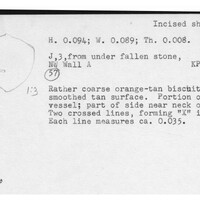 Index card with typed and handwritten information, sometimes including a sketch, of pottery from an excavation.