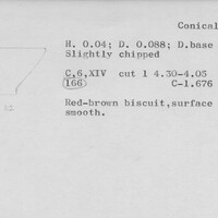 Index card with typed and handwritten information, sometimes including a sketch, of pottery from an excavation.