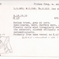 Index card with typed and handwritten information, sometimes including a sketch, of pottery from an excavation.