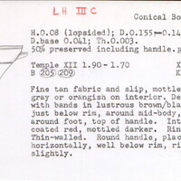 Index card with typed and handwritten information, sometimes including a sketch, of pottery from an excavation.