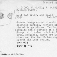 Index card with typed and handwritten information, sometimes including a sketch, of pottery from an excavation.