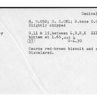 Index card with typed and handwritten information, sometimes including a sketch, of pottery from an excavation.