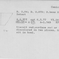 Index card with typed and handwritten information, sometimes including a sketch, of pottery from an excavation.