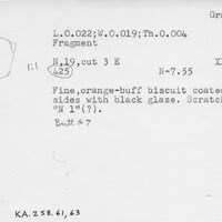 Index card with typed and handwritten information, sometimes including a sketch, of pottery from an excavation.