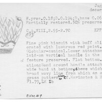 Index card with typed and handwritten information, sometimes including a sketch, of pottery from an excavation.