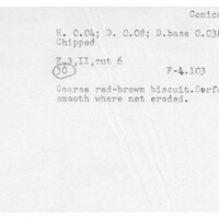 Index card with typed and handwritten information, sometimes including a sketch, of pottery from an excavation.