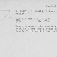 Index card with typed and handwritten information, sometimes including a sketch, of pottery from an excavation.