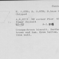 Index card with typed and handwritten information, sometimes including a sketch, of pottery from an excavation.