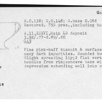 Index card with typed and handwritten information, sometimes including a sketch, of pottery from an excavation.
