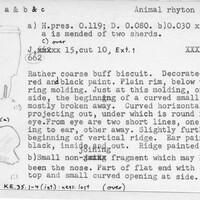 Index card with typed and handwritten information, sometimes including a sketch, of pottery from an excavation.