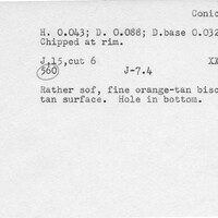Index card with typed and handwritten information, sometimes including a sketch, of pottery from an excavation.