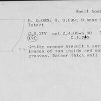 Index card with typed and handwritten information, sometimes including a sketch, of pottery from an excavation.
