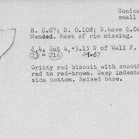 Index card with typed and handwritten information, sometimes including a sketch, of pottery from an excavation.