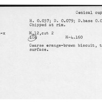 Index card with typed and handwritten information, sometimes including a sketch, of pottery from an excavation.