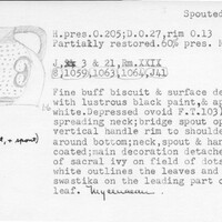 Index card with typed and handwritten information, sometimes including a sketch, of pottery from an excavation.
