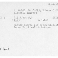 Index card with typed and handwritten information, sometimes including a sketch, of pottery from an excavation.