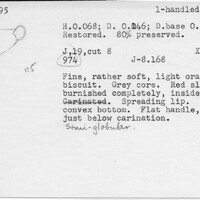 Index card with typed and handwritten information, sometimes including a sketch, of pottery from an excavation.