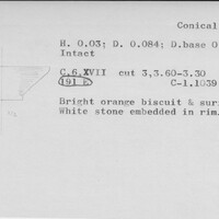 Index card with typed and handwritten information, sometimes including a sketch, of pottery from an excavation.