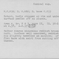 Index card with typed and handwritten information, sometimes including a sketch, of pottery from an excavation.