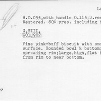 Index card with typed and handwritten information, sometimes including a sketch, of pottery from an excavation.