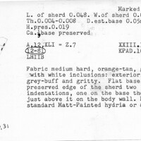 Index card with typed and handwritten information, sometimes including a sketch, of pottery from an excavation.