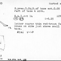 Index card with typed and handwritten information, sometimes including a sketch, of pottery from an excavation.