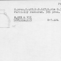 Index card with typed and handwritten information, sometimes including a sketch, of pottery from an excavation.