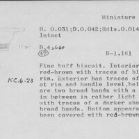 Index card with typed and handwritten information, sometimes including a sketch, of pottery from an excavation.