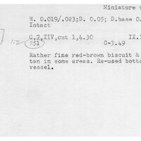 Index card with typed and handwritten information, sometimes including a sketch, of pottery from an excavation.
