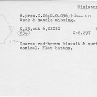 Index card with typed and handwritten information, sometimes including a sketch, of pottery from an excavation.
