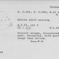 Index card with typed and handwritten information, sometimes including a sketch, of pottery from an excavation.