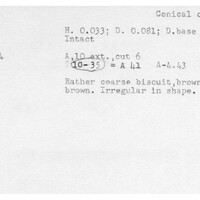 Index card with typed and handwritten information, sometimes including a sketch, of pottery from an excavation.