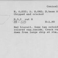 Index card with typed and handwritten information, sometimes including a sketch, of pottery from an excavation.