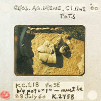 Black and white photograph of an archaeological site with a pottery shard, taken on July 29th, 1960.