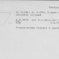 Index card with typed and handwritten information, sometimes including a sketch, of pottery from an excavation.